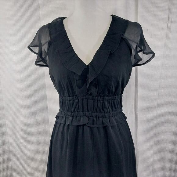 OLD NAVY! SHEER BLACK SCRUNCHY TEXTURED CHIFFON RUFFLED HEM/NECK DRESS! SZ M - Picture 3 of 11